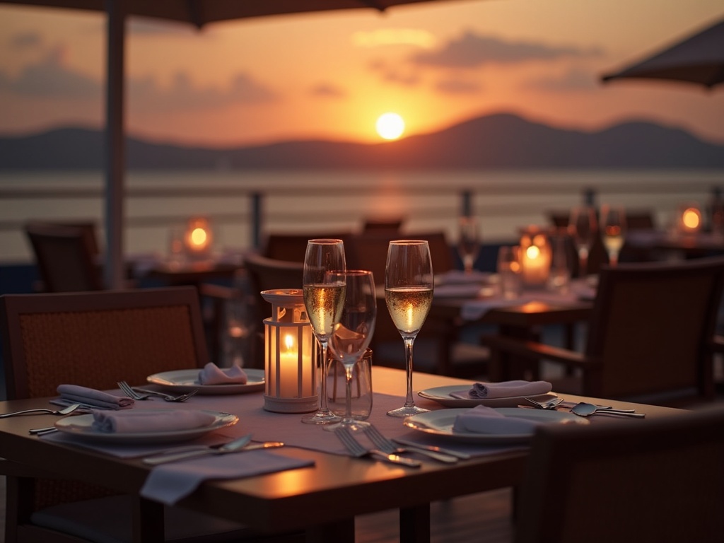 Elegant sunset dinner setting on the open dining deck of a cruise vessel