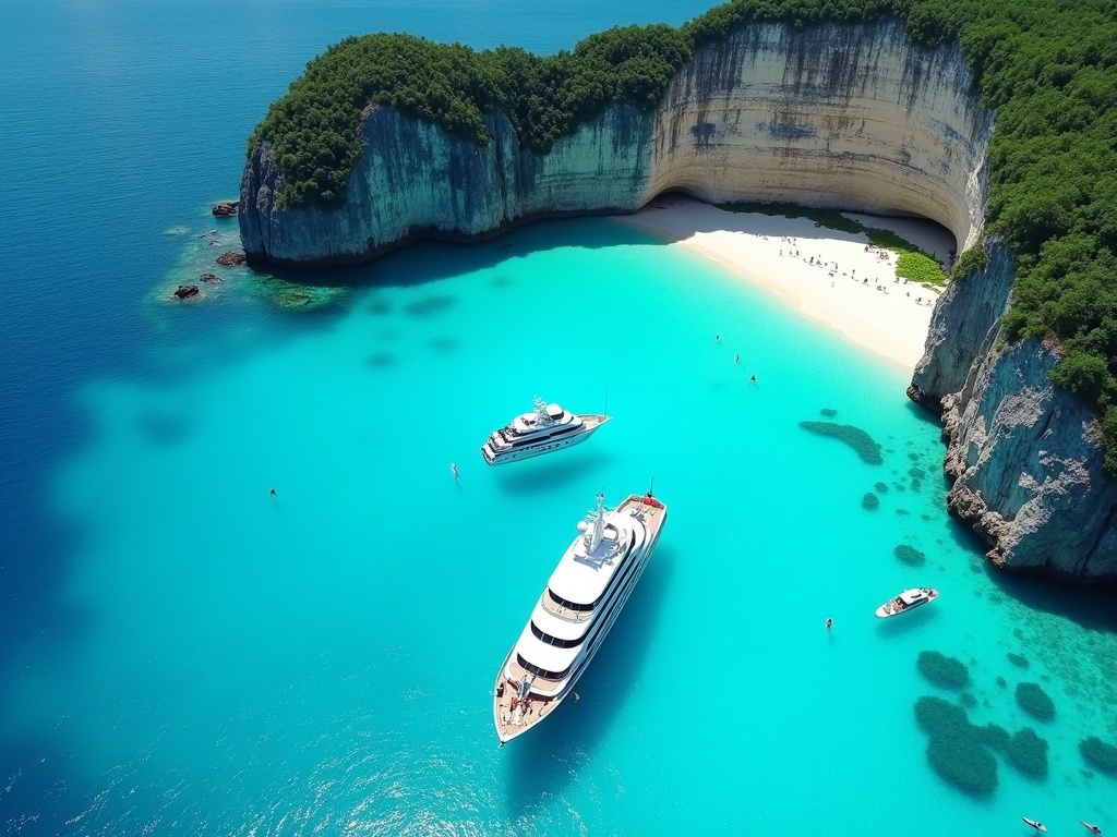 Small cruise ship anchored in turquoise water beside limestone cliffs on a day route