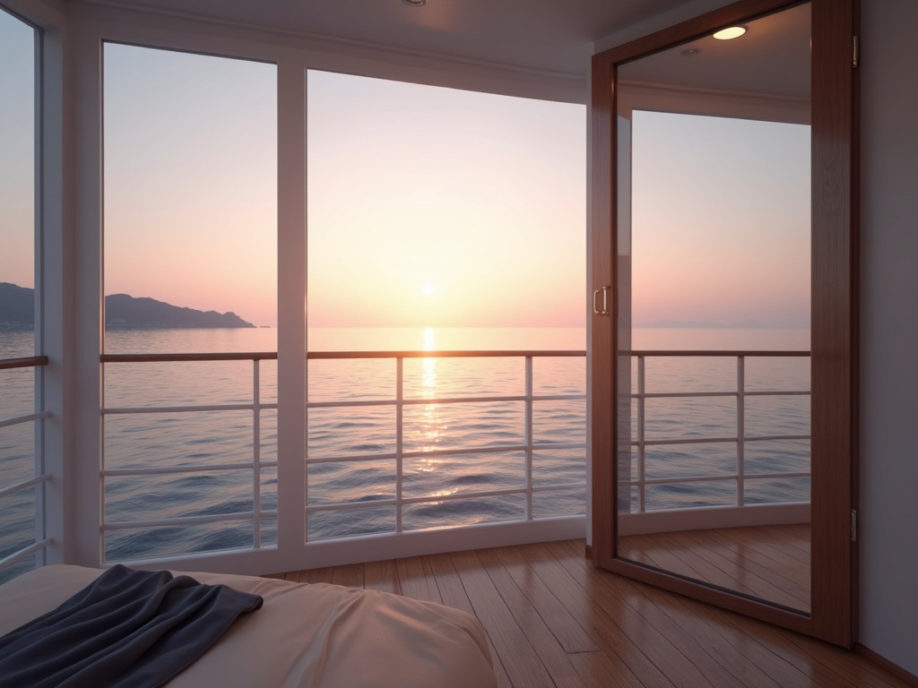 View from a small-ship sun deck over calm open sea at dawn on a multi-day voyage