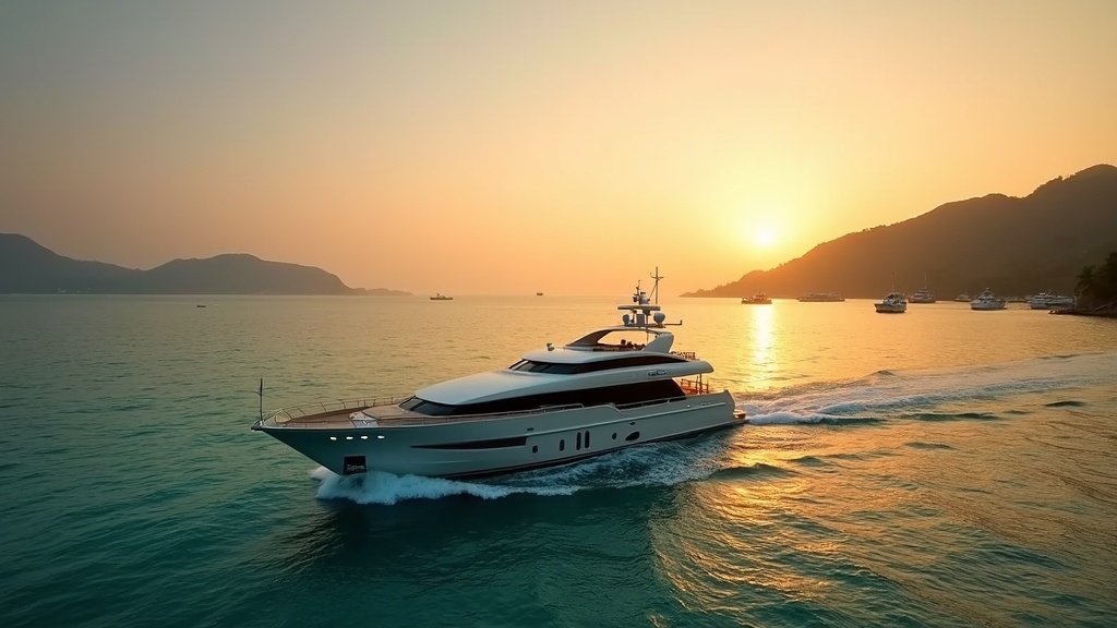 Luxury small cruise ship departing a calm tropical harbour at golden hour